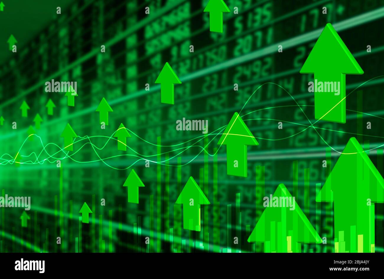 Börsenkarte, Börse und Datenmarktbörse auf LED-Anzeige. Grünes Diagramm oder herauf Trendmarkt.Abbildung. Stockfoto