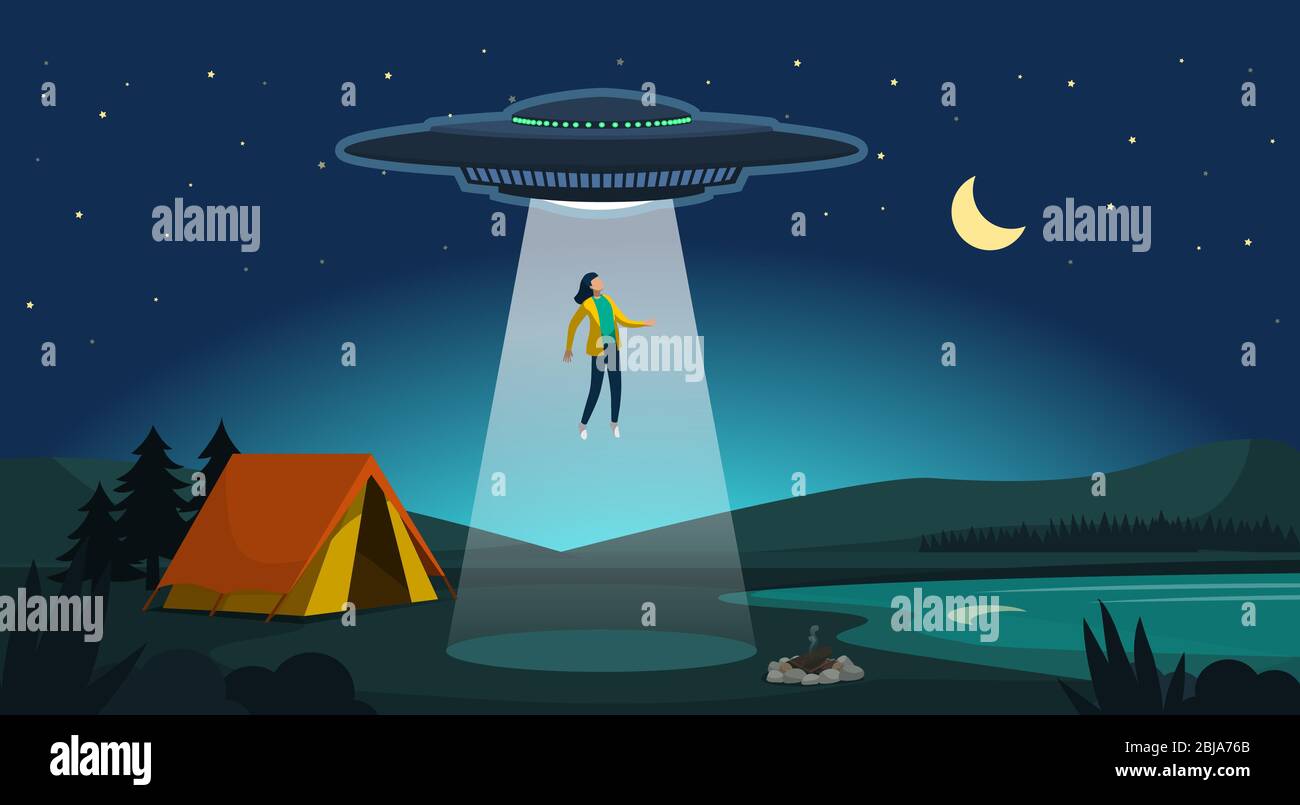 Entführung durch Außerirdische: ufo entführt eine Frau in der Nacht mit einem Laserstrahl, Außerirdische und Mysterienkonzept Stock Vektor