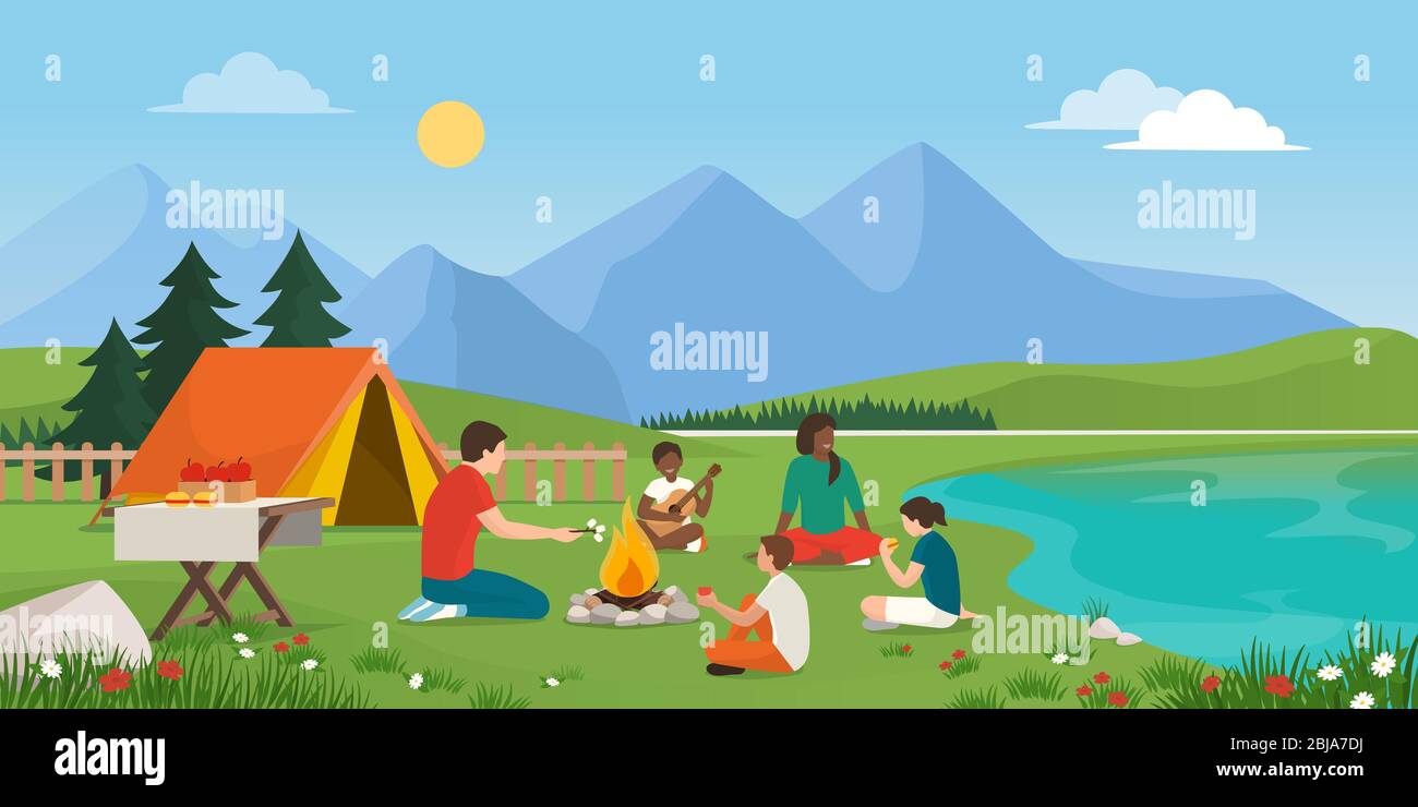Glückliche Familie zusammen in der Natur campen, sitzen sie am Feuer, essen zusammen und haben Spaß Stock Vektor