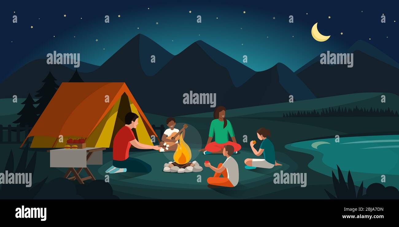 Glückliche Familie beim Camping im Wald bei Nacht: Sie sitzen am Feuer, essen und haben Spaß Stock Vektor