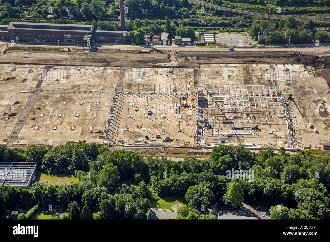 Bau eines neuen Distributionszentrums und Logistikkomplexes auf dem Opel-Areal in Langendreer in Bochum, 23.06.2016, Luftaufnahme, Deutschland, Nordrhein-Westfalen, Ruhrgebiet, Bochum Stockfoto