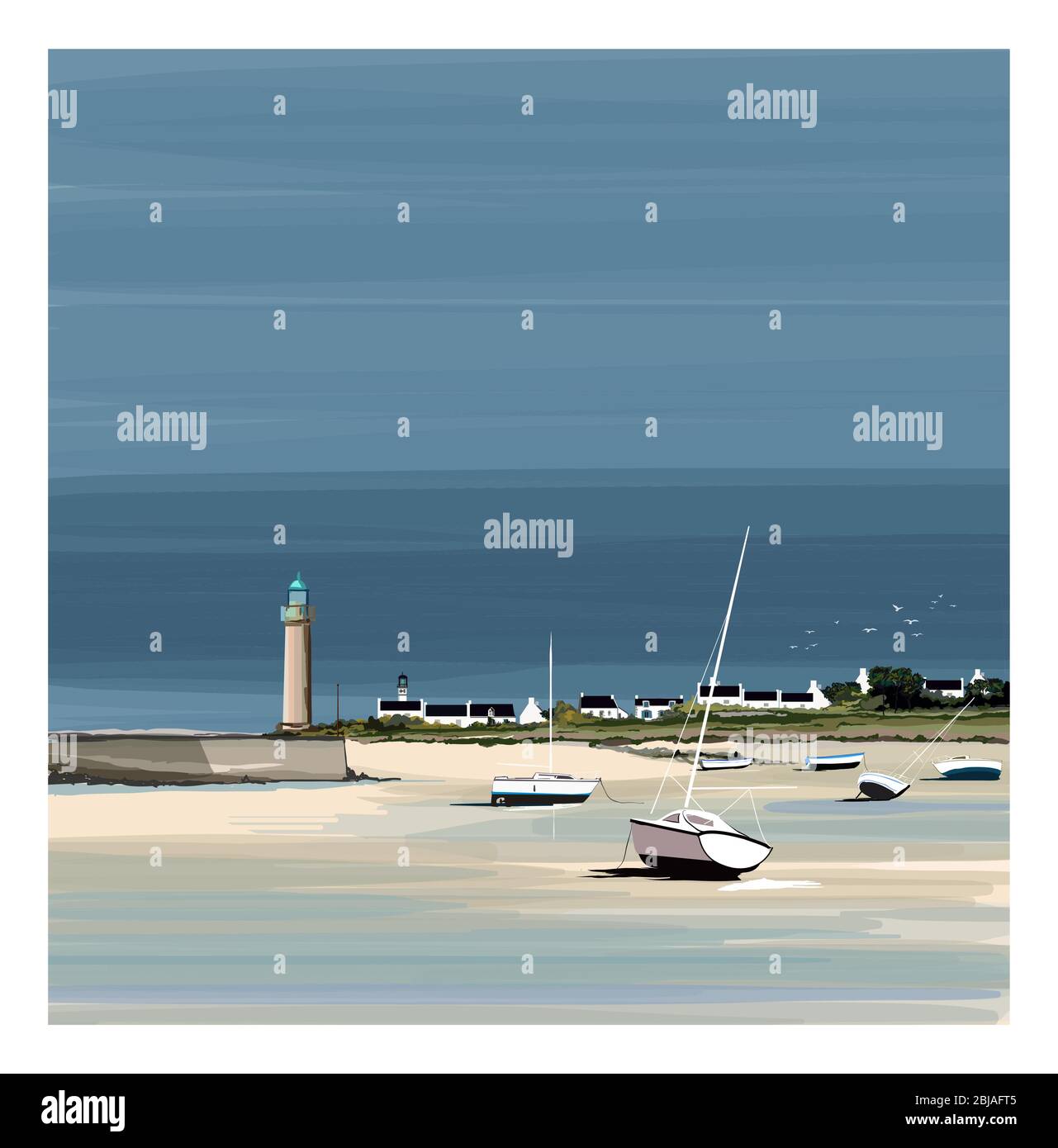 Illustration eines bunten Fischerboote in der Bretagne Frankreich - Vektor-Illustration (ideal für den Druck auf Stoff oder Papier, Poster oder Tapete, Hou Stock Vektor