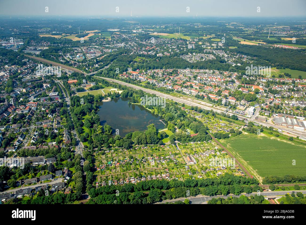 , Nordparkteich in Gladbeck, 19.07.2016, Luftaufnahme, Deutschland, Nordrhein-Westfalen, Ruhrgebiet, Gladbeck Stockfoto