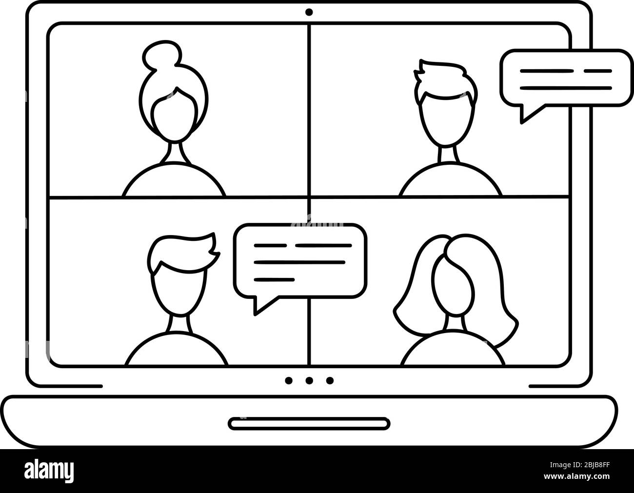 Online-Meeting mit Vector Icon Monoline per Gruppenanruf. Vier Personen im Video-Chat. Kolligen in Videokonferenz im Büro oder zu Hause. Konzept freiberuflich Stock Vektor