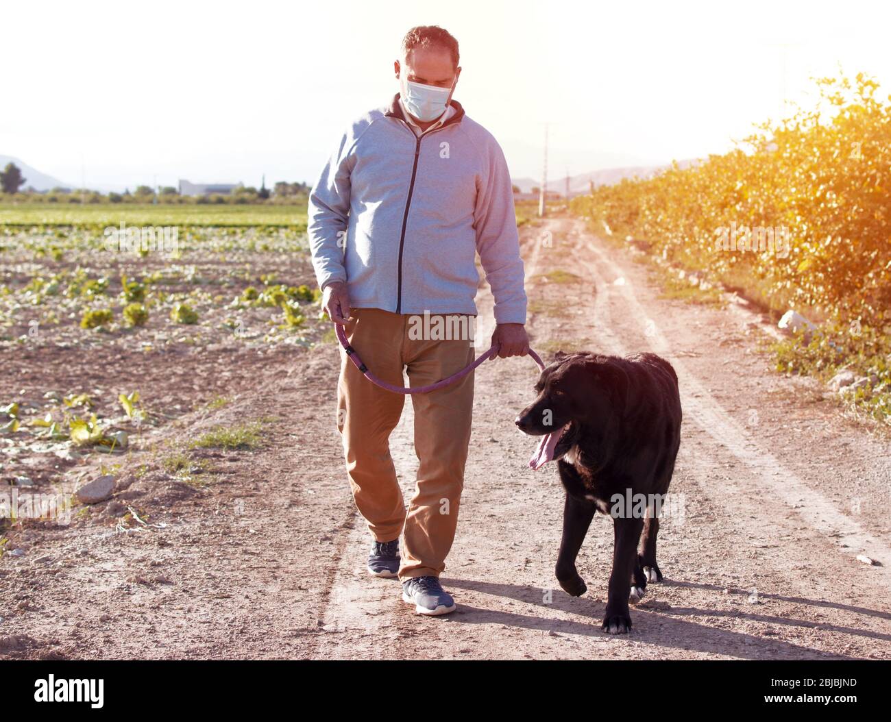 Ein Mann geht mit seinem Hund im Freien, nachdem Spanien eine Sperre auferlegt hatte, um die Ausbreitung der Coronavirus-Krankheit zu verlangsamen. Stockfoto