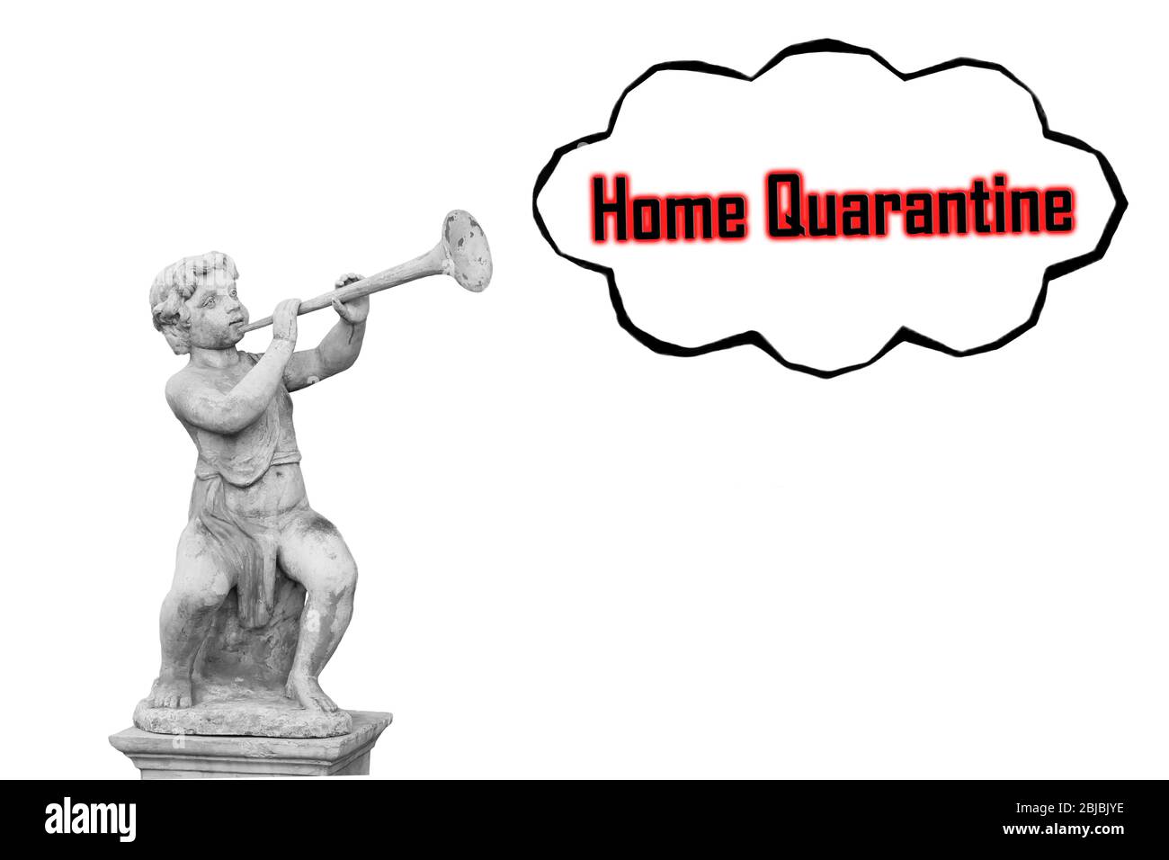 Junge mit Horn Statue für Ankündigung Konzept Home Quarantäne. Stockfoto