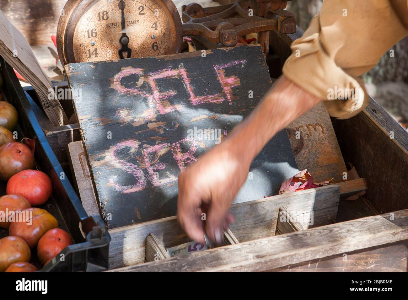 Ein Landwirt demonstriert den selbstbedienungsfarmstand, wo er seine Produkte entlang der Route 1 in Madison, CT, USA verkauft Stockfoto