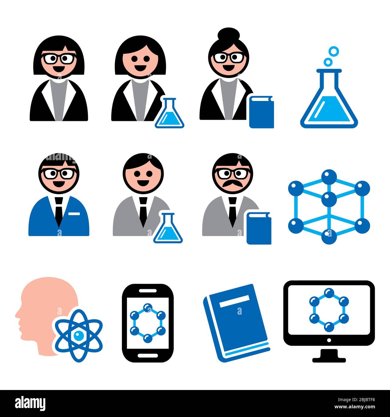 Wissenschaftler Frau und Mann, Wissenschaft Menschen Vektor-Icons Set - Bildung, Wissen Konzept, Menschen in der Wissenschaft, Bildung, Studie Farbgestaltung Set Stock Vektor