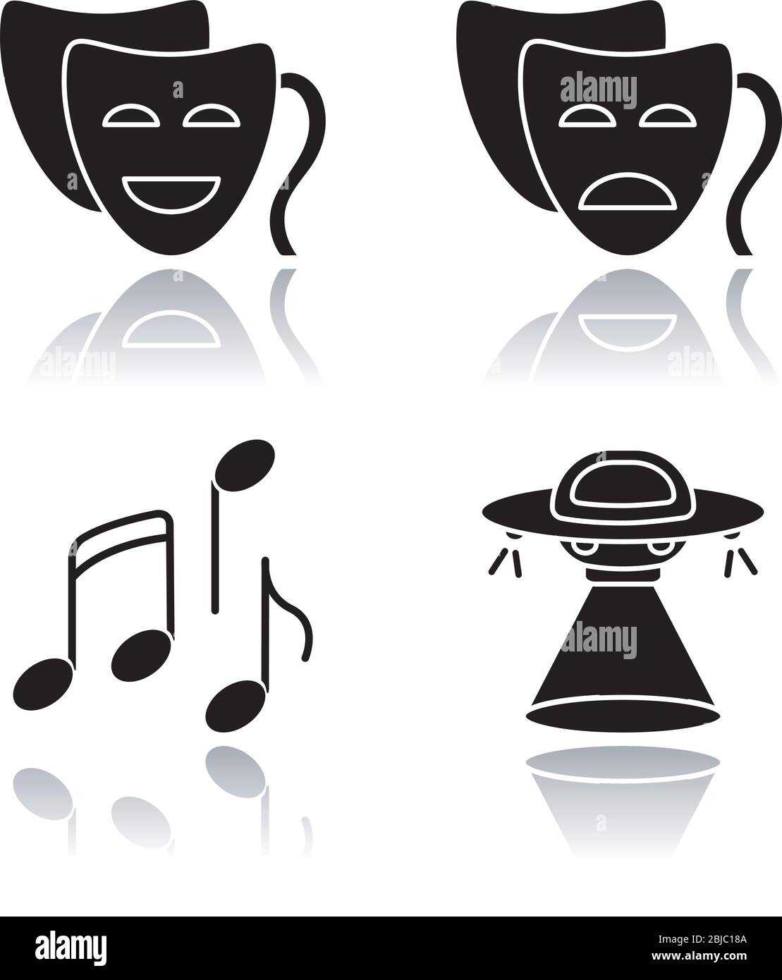 Traditionelle Filmgenres Drop Schatten schwarzen Glyphen Symbole gesetzt. Lustige Komödie, ernste Dramatik, musikalische und Science Fiction. Gängige Filmkategorien. Isoliert Stock Vektor