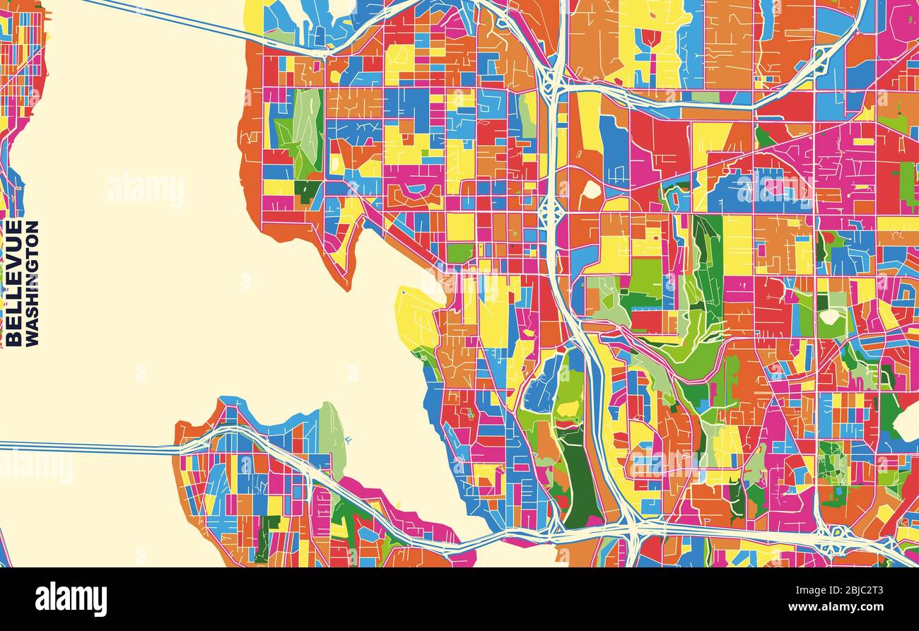 Bunte Vektorkarte von Bellevue, Washington, USA. Art Map Vorlage für selbstdruckende Wandkunst im Querformat. Stock Vektor