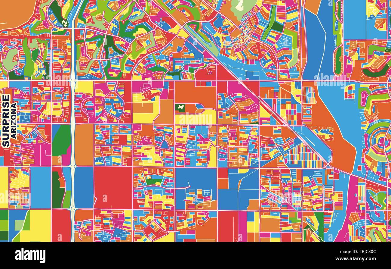 Bunte Vektorkarte von Surprise, Arizona, USA. Art Map Vorlage für selbstdruckende Wandkunst im Querformat. Stock Vektor