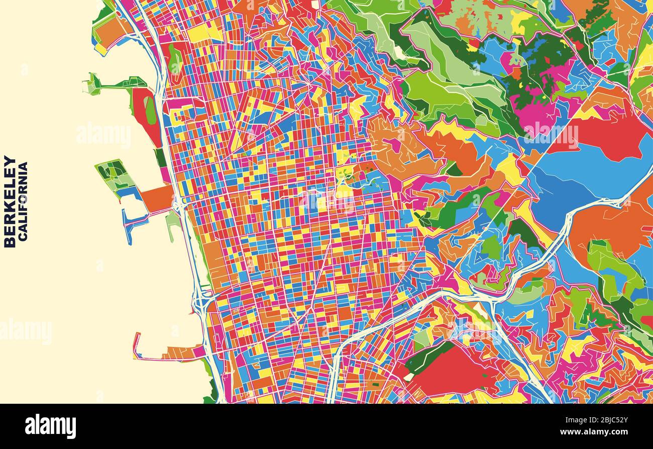 Bunte Vektorkarte von Berkeley, Kalifornien, USA. Art Map Vorlage für selbstdruckende Wandkunst im Querformat. Stock Vektor