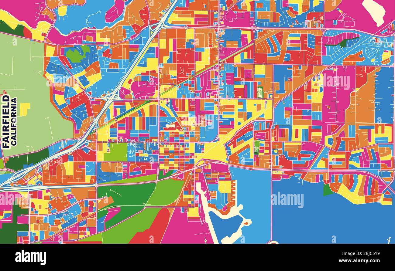 Bunte Vektorkarte von Fairfield, Kalifornien, USA. Art Map Vorlage für selbstdruckende Wandkunst im Querformat. Stock Vektor