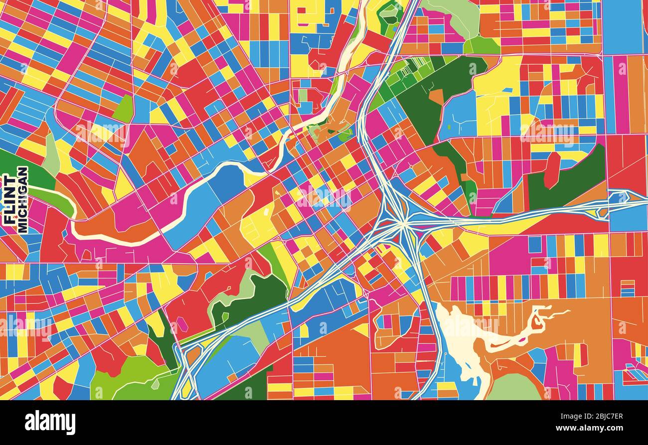 Bunte Vektorkarte von Flint, Michigan, USA. Art Map Vorlage für selbstdruckende Wandkunst im Querformat. Stock Vektor