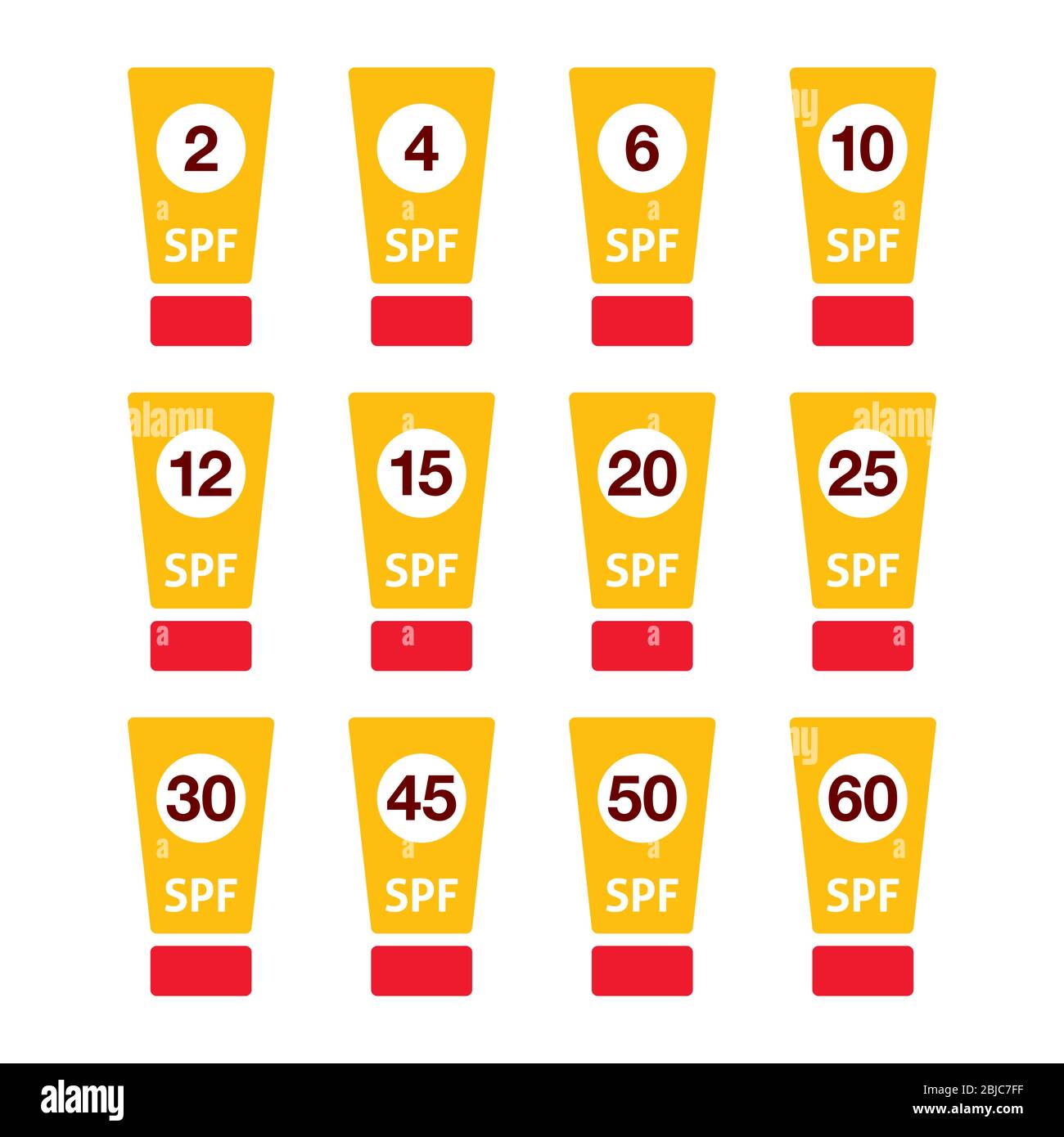 Sonnencreme, Sonnencreme mit Faktor oder Vektor spv Vektor-Symbole Set - Schönheit, Sommerferien Konzept, Vektor-Farbdesign Set von Sonnenlotion Tuben mit Dif Stock Vektor