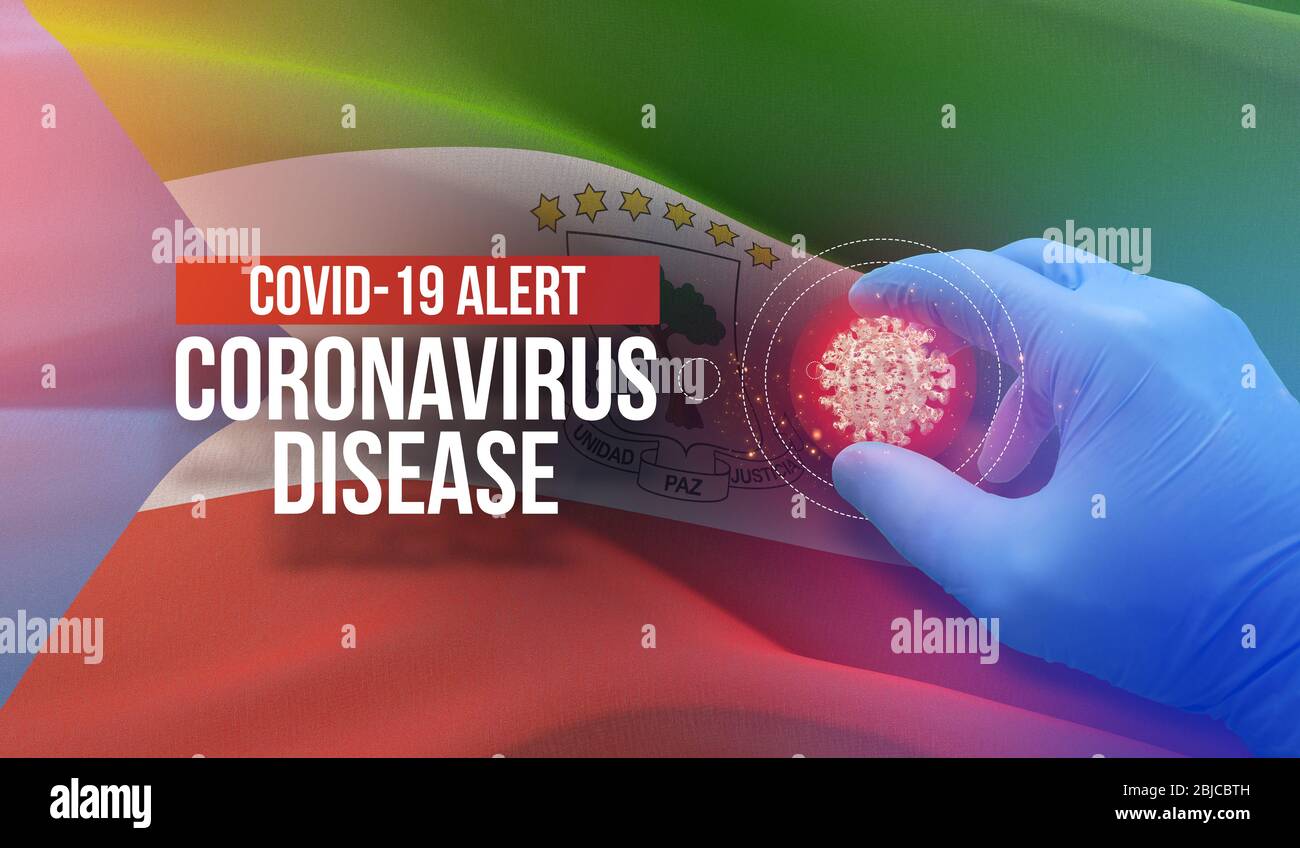 COVID-19 Alarm, Coronavirus Krankheit - Buchstaben Typografie Text. Medizinisches Virus-Molekularkonzept mit Flagge Äquatorialguineas. 3D-Darstellung der Pandemie Stockfoto