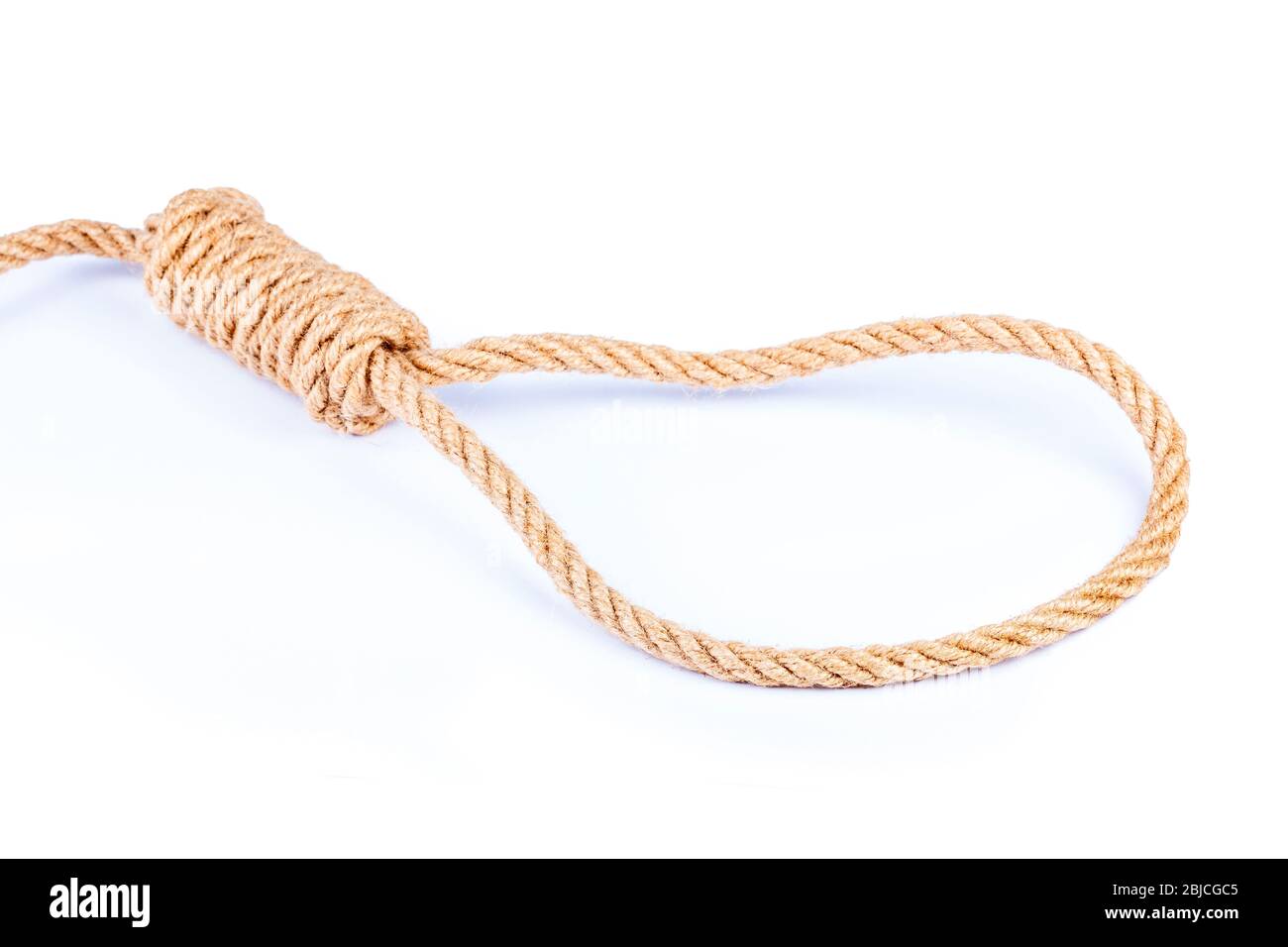Gebunden Schlinge Symbol, braune Seil Schleife Knoten, Objekt isoliert, weißer Hintergrund, ausgeschnitten. Selbstmord, Todesurteil symbolisch, Galgen, Selbstmordgedanken Stockfoto