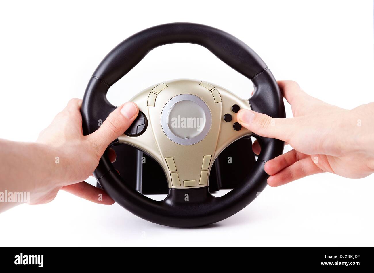 Racing Lenkung Arcade-Rad-Controller, beide Hände halten Autorades Spiel-Controller mit vielen Tasten isoliert auf weiß, erste Person-Ansicht Stockfoto