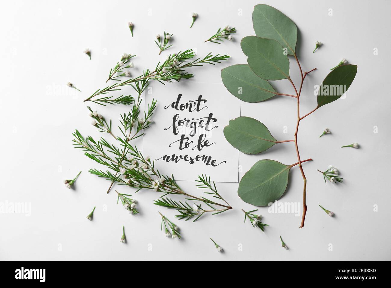 Zitat 'Don't forget to be awesome' auf Papier geschrieben mit Blättern und Blumen auf weißem Hintergrund. Draufsicht Stockfoto