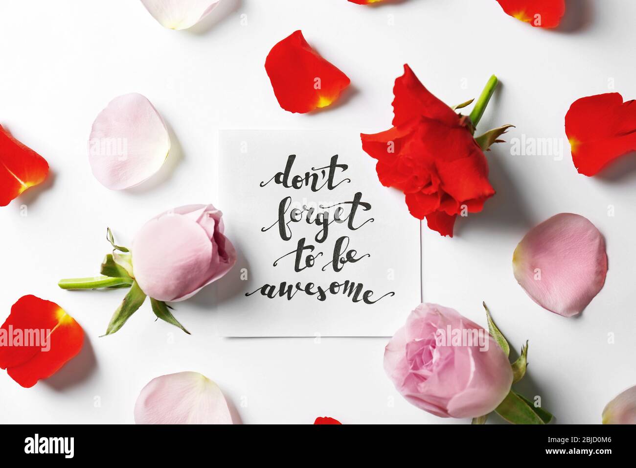 Zitat 'Vergiss nicht, ehrfürchtig zu sein' auf Papier mit Blütenblättern und Blumen geschrieben. Draufsicht Stockfoto