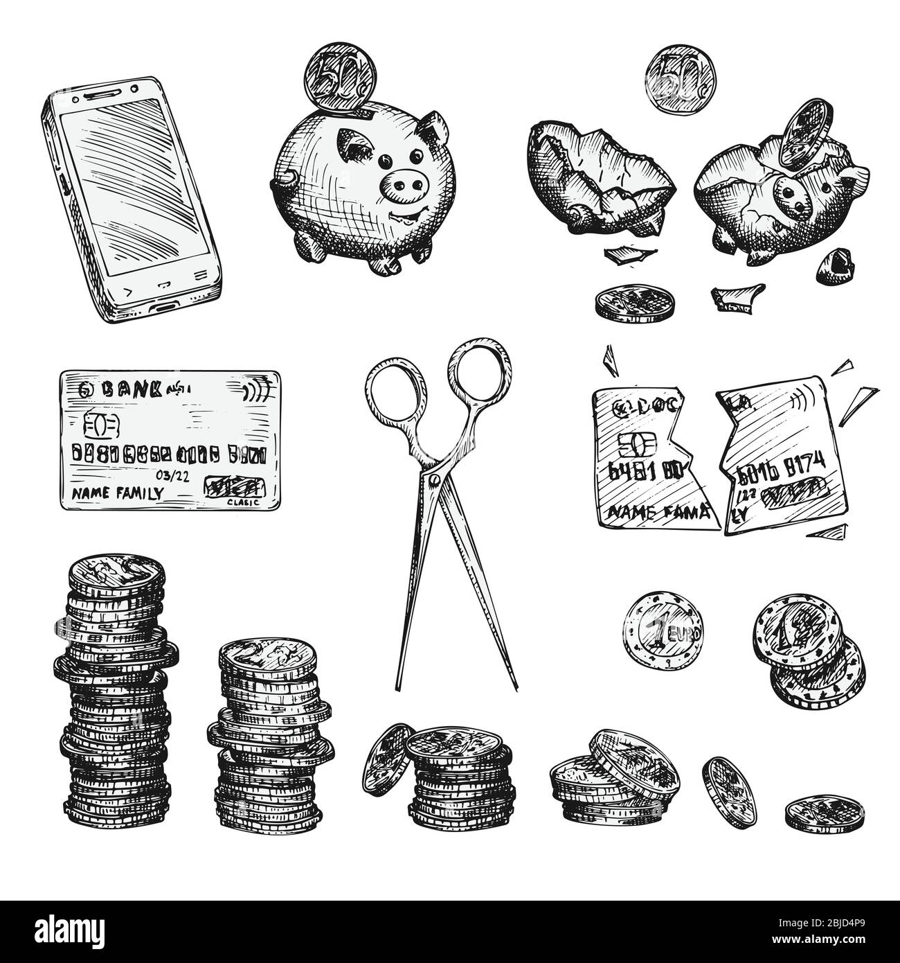 Set von Tinte Skizze Finanzen Icons Geld, Münzen, Brieftasche, Kreditkarten, Smartphone, Sparschwein, Schere isoliert auf weißem Hintergrund, Finanzmärkte Stock Vektor