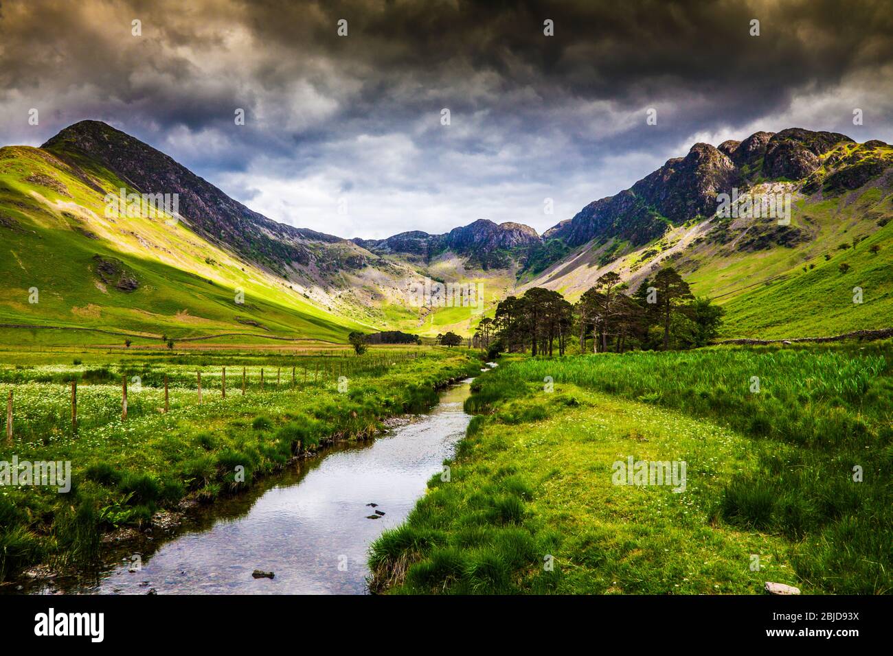 Warnscale Bottom und Scarth Beck mit Fleetwith Pike (links) und Haystacks im Lake District National Park, Cumbria, England, Großbritannien Stockfoto