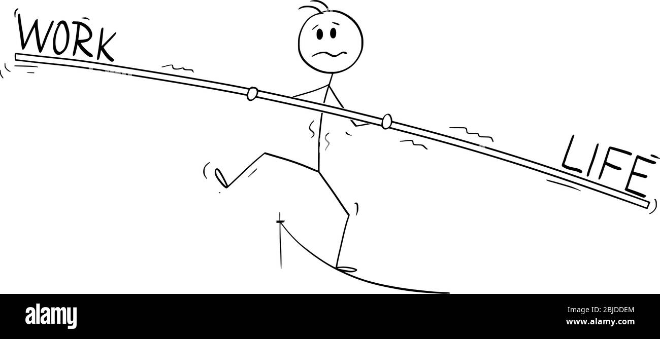 Vektor Cartoon Stick Figur Zeichnung konzeptionelle Illustration von Mann oder Geschäftsmann Seiltänzer zu Fuß am Seil mit Bar. Arbeit und Leben in Einklang bringen. Stock Vektor