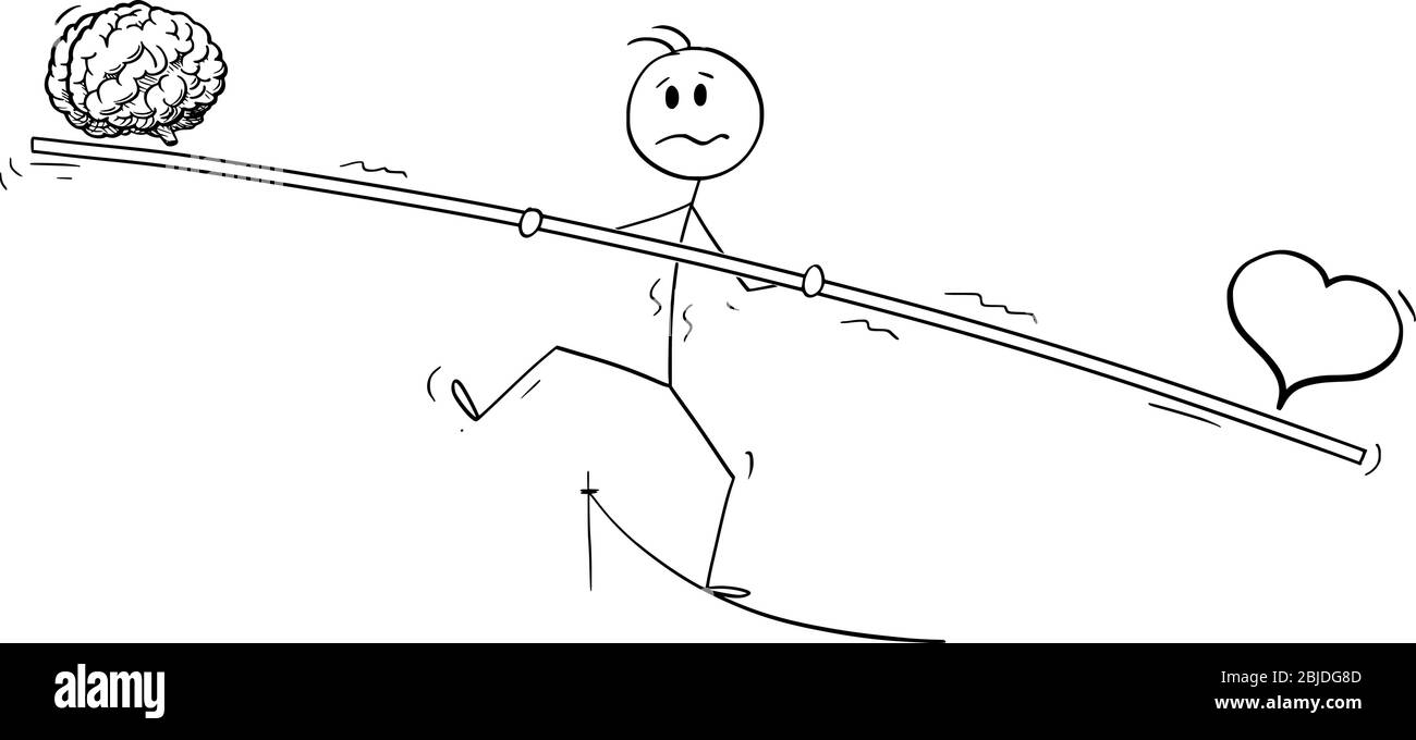 Vektor Cartoon Stick Figur Zeichnung konzeptionelle Illustration von Mann oder Geschäftsmann Seiltänzer zu Fuß am Seil mit Bar. Ausbalancieren von Herz und Gehirn. Stock Vektor