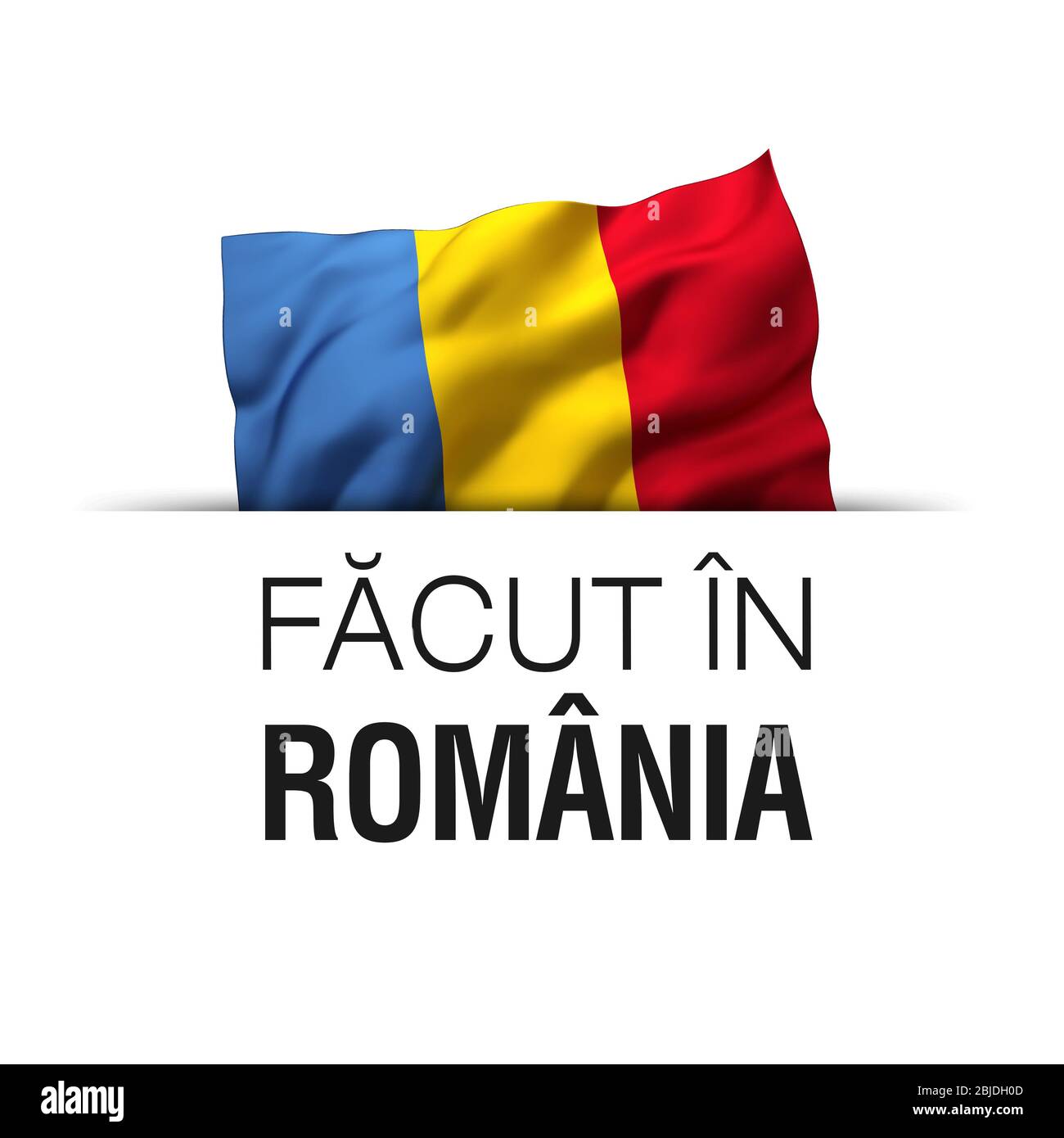 Made in Romania in rumänischer Sprache geschrieben. Garantieetikett mit einer wehenden rumänischen Flagge. Stockfoto