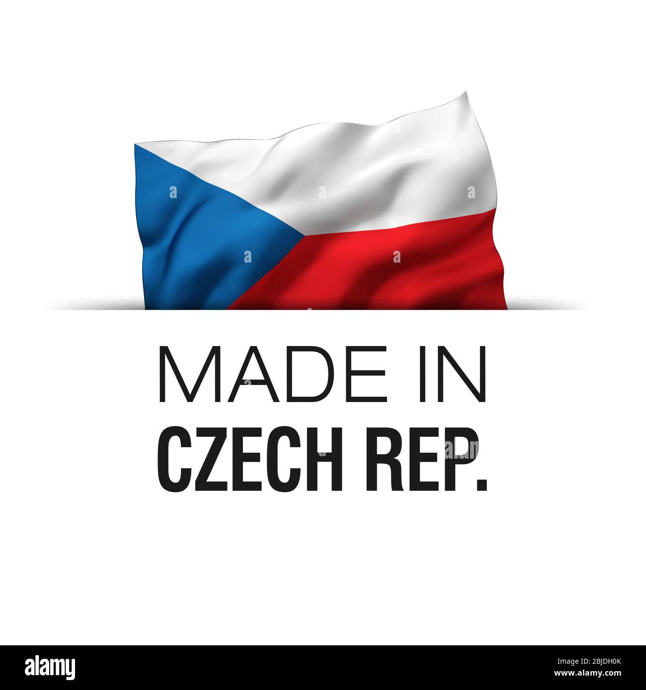 Made in Czech Republic - Garantieetikett mit schwenkender tschechischer Flagge. Stockfoto