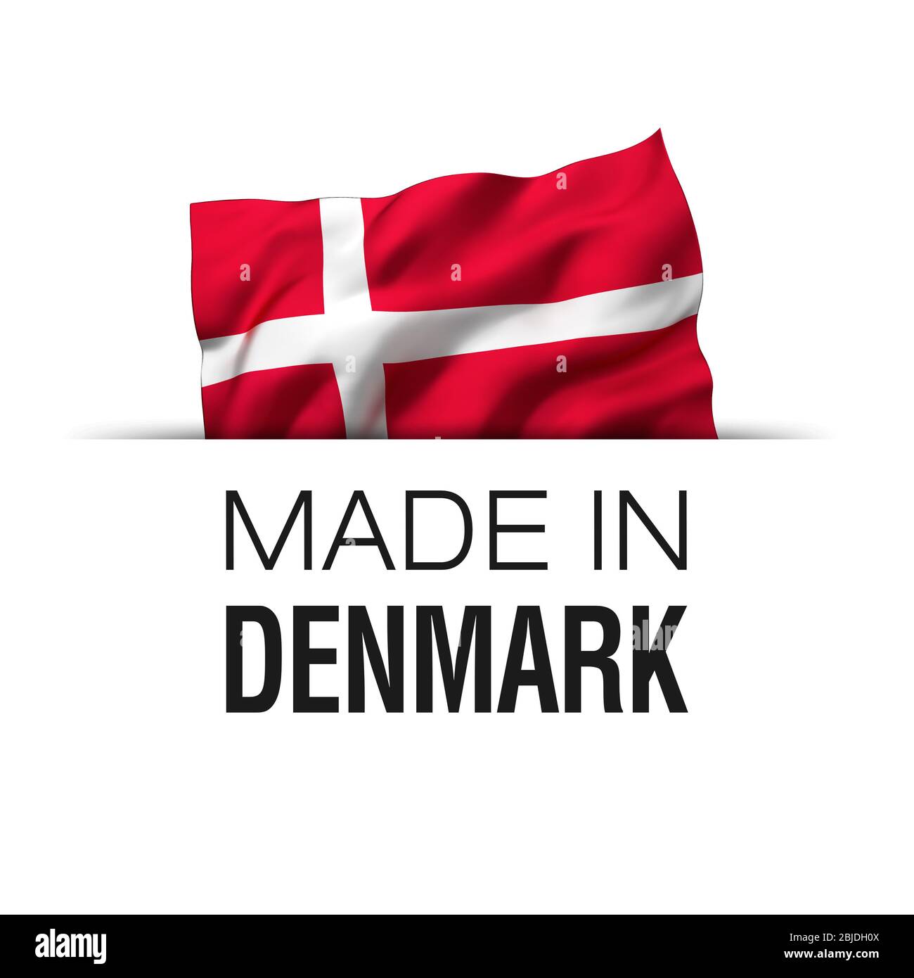 Made in Denmark - Garantie-Etikett mit einer winkenden dänischen Flagge. Stockfoto