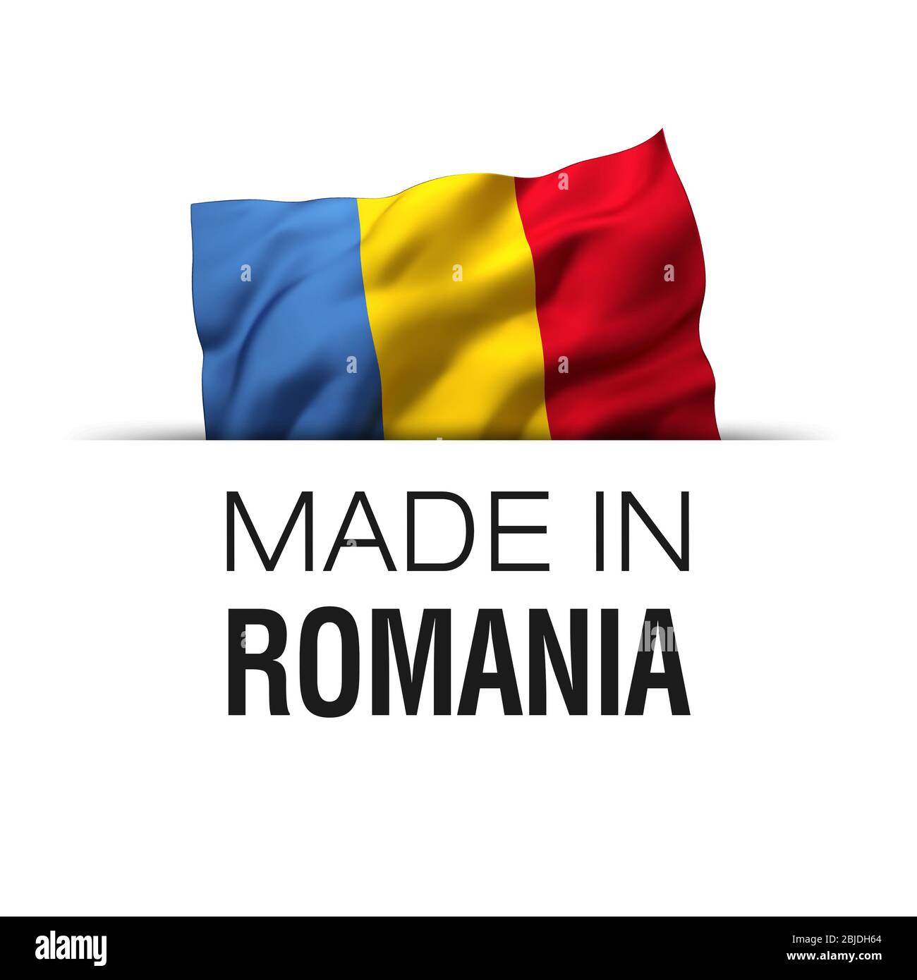 Made in Romania - Garantie-Label mit einer winkenden rumänischen Flagge. Stockfoto