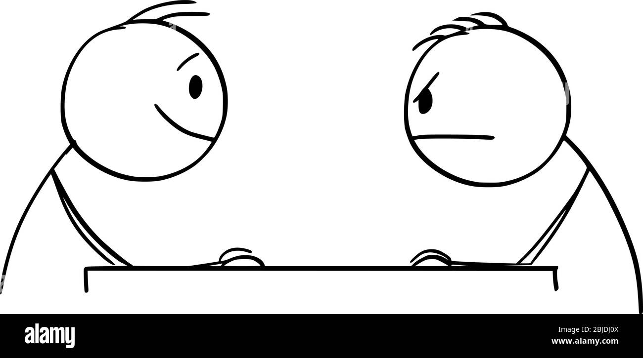 Vektor Cartoon Stick Figur Zeichnung konzeptionelle Illustration von zwei Männern oder Geschäftsleute sitzen am Tisch und einander zu beobachten. Einer lächelt, einer ist wütend. Stock Vektor