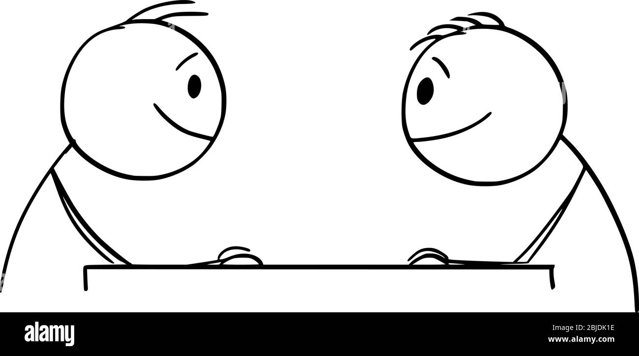 Vektor Cartoon Stick Figur Zeichnung konzeptionelle Illustration von zwei lächelnden Männern oder Geschäftsleute sitzen am Tisch und einander zu beobachten. Business-Zusammenarbeit oder Freundschaft Konzept. Stock Vektor