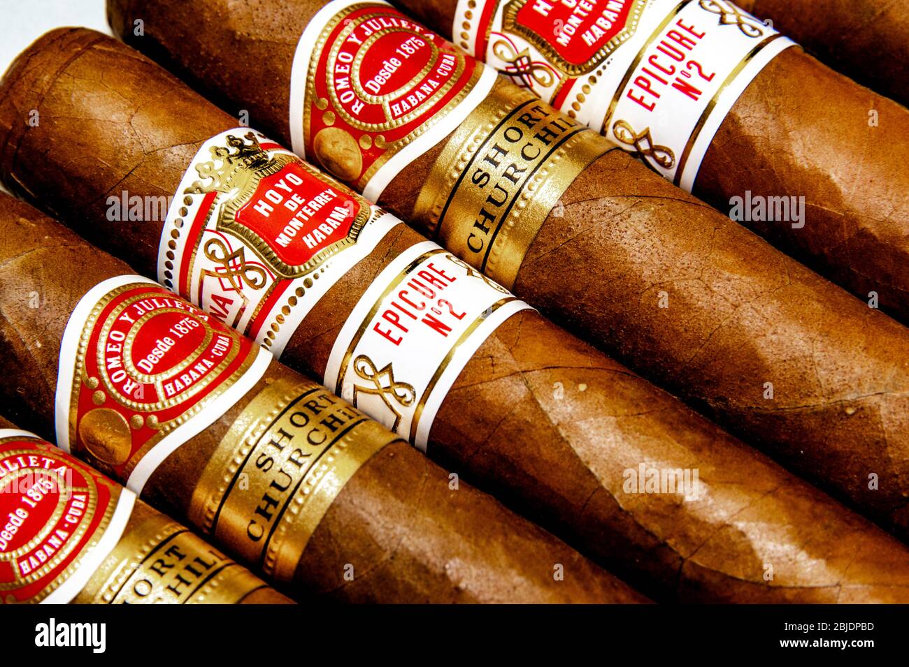 Zigarren: Kubanische Zigarren. Romeo y Julieta und Hoyo de Monterrey. Handgedrehtes traditionelles Tabakprodukt. Weißer Hintergrund. Stockfoto