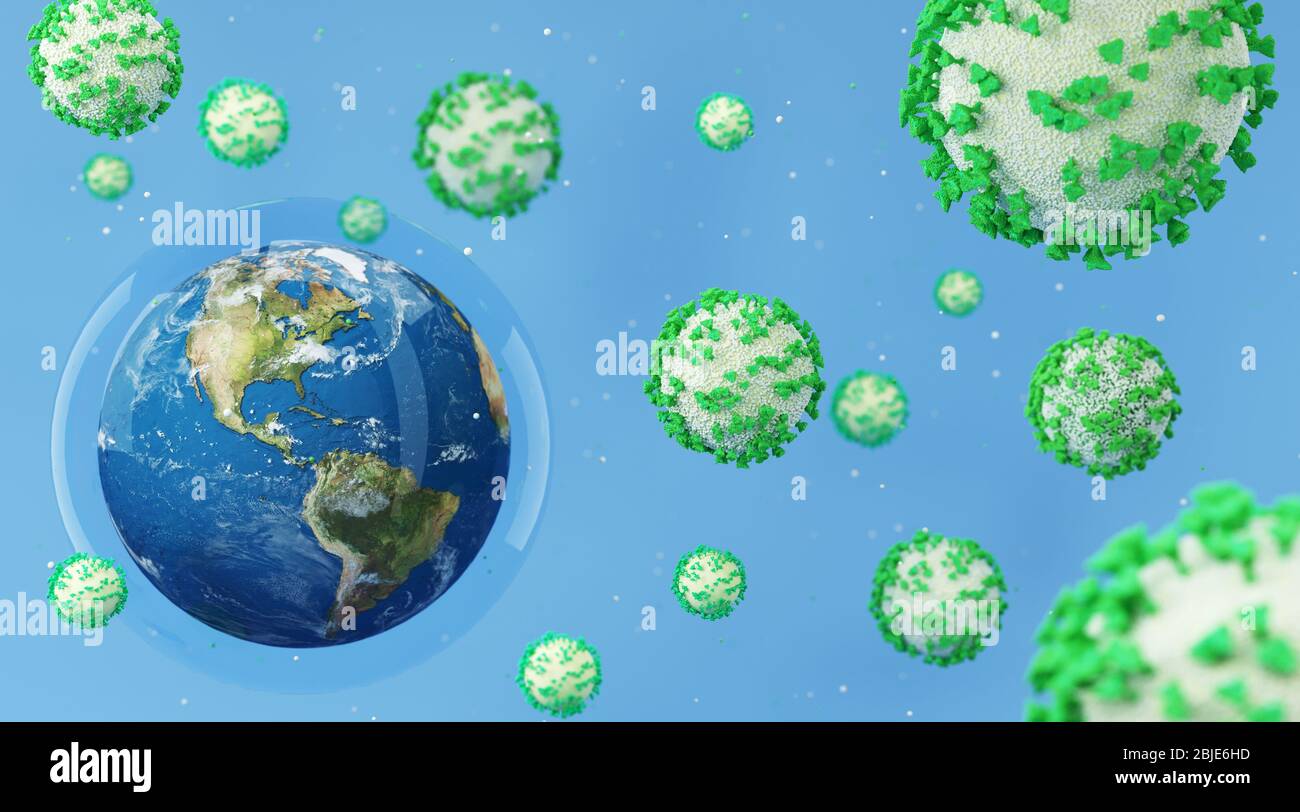 Realistische Erde in einer Schutzhülle neben den Coronavirus-Molekülen auf blauem Hintergrund. 3D-Konzept zum Virenschutz und neuen Coronavirus. 3d i Stockfoto