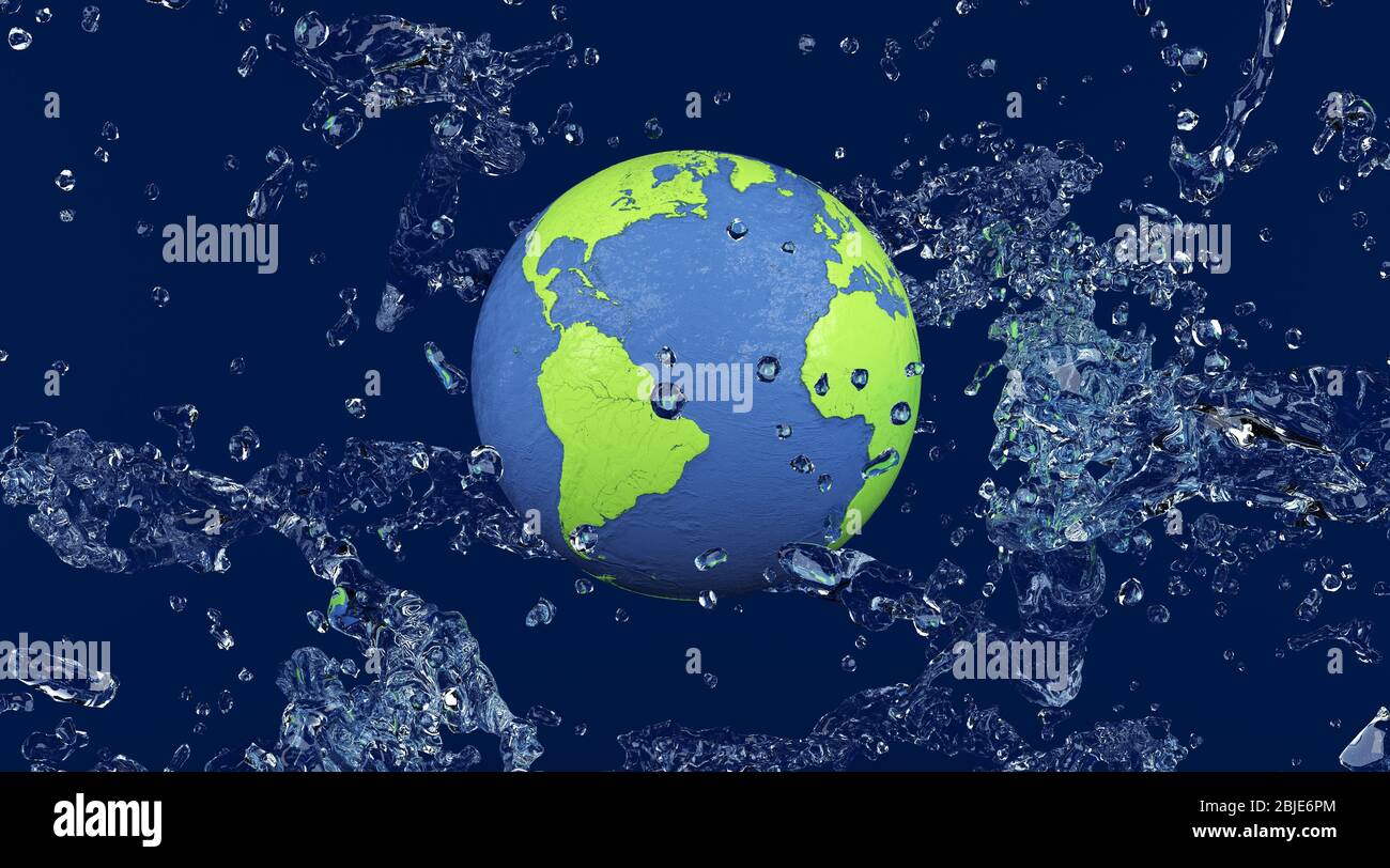 World Ocean Day Spritzwasser rund um den Erdball. Planet Erde auf dem Hintergrund von Wasserspritzern, Illustration für Weltmeertag. 3d-Darstellung. Stockfoto