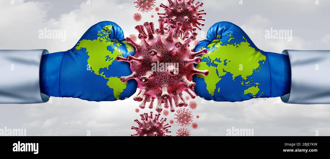 Globale Gesundheitsstrategie und Virusimpfstoff oder Grippe und Coronavirus medizinische Bekämpfung der Krankheitskontrolle, wie die internationale Gemeinschaft Ärzte kämpfen. Stockfoto