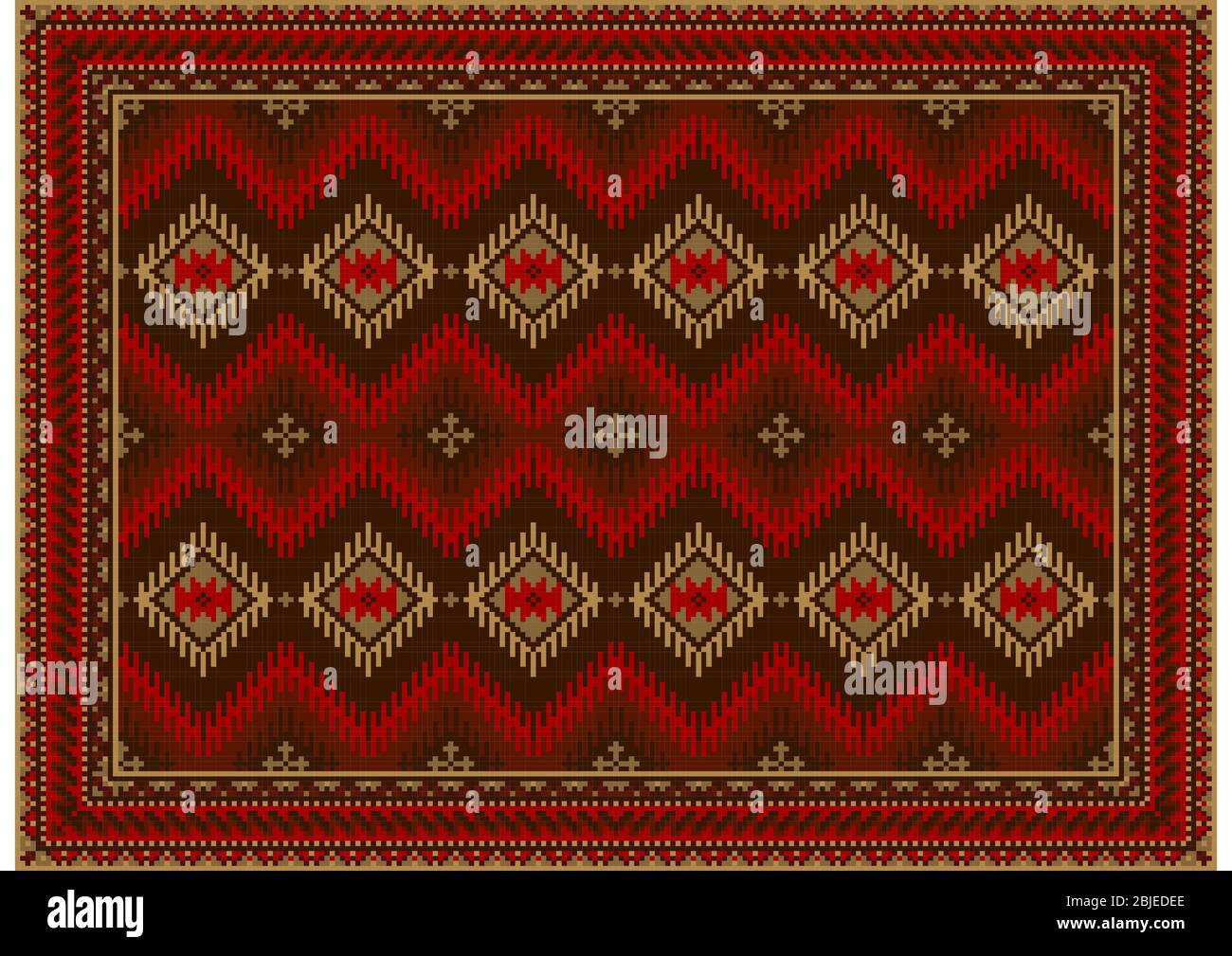 Luxuriöse bunte ethnische Wolldecke mit Rautenmuster in Rot, Burgund mit braunen und gelben Farbtönen auf weißem Hintergrund Stockfoto