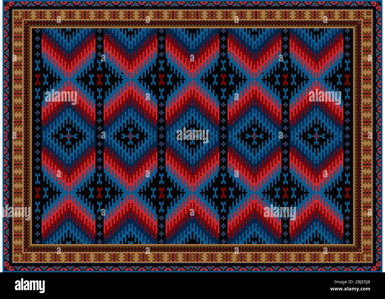 Vintage Luxus orientalischen Teppich in Mustern Zick-Zack-Streifen in dunkelrot, blau, rot schattiert mit braunen und gelben Farben auf weißem Hintergrund Stockfoto
