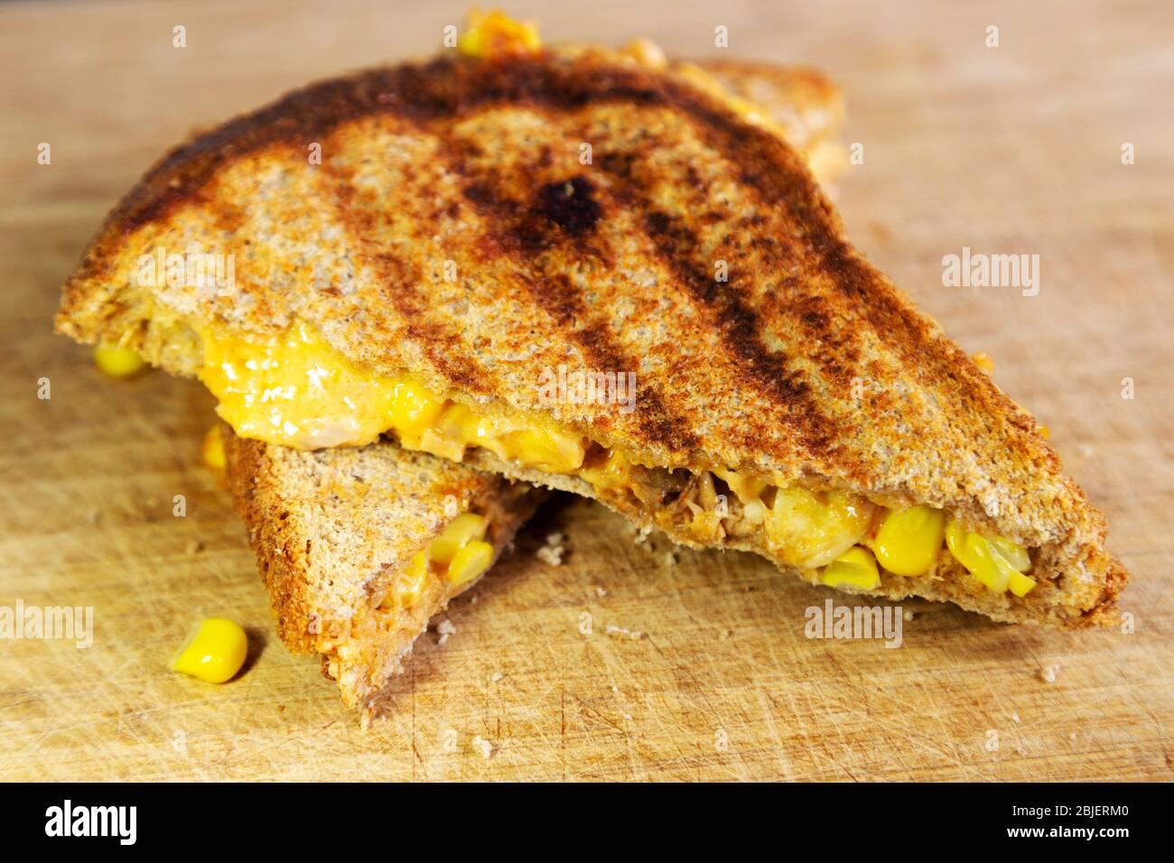 Ein Thunfisch und Mais schmelzen Käse Toastie. Das Sandwich wird mit Thunfisch, Cheddar-Käse, Mais und Mayonnaise hergestellt. Stockfoto