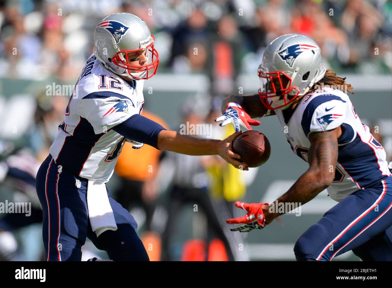 20. Oktober 2013: New England Patriots Quarterback Tom Brady (12) übergibt sich an New England Patriots, die Brandon Bolden (38) zurücklaufen Stockfoto