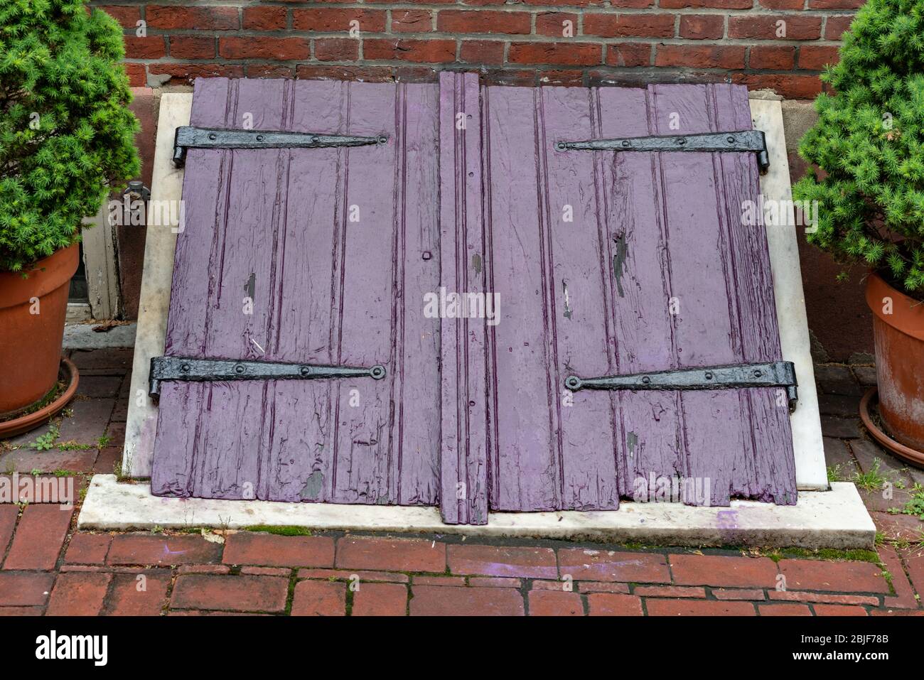 Kellertür in Elfreth's Alley in Old City Philadelphia, Pennsylvania. Stockfoto