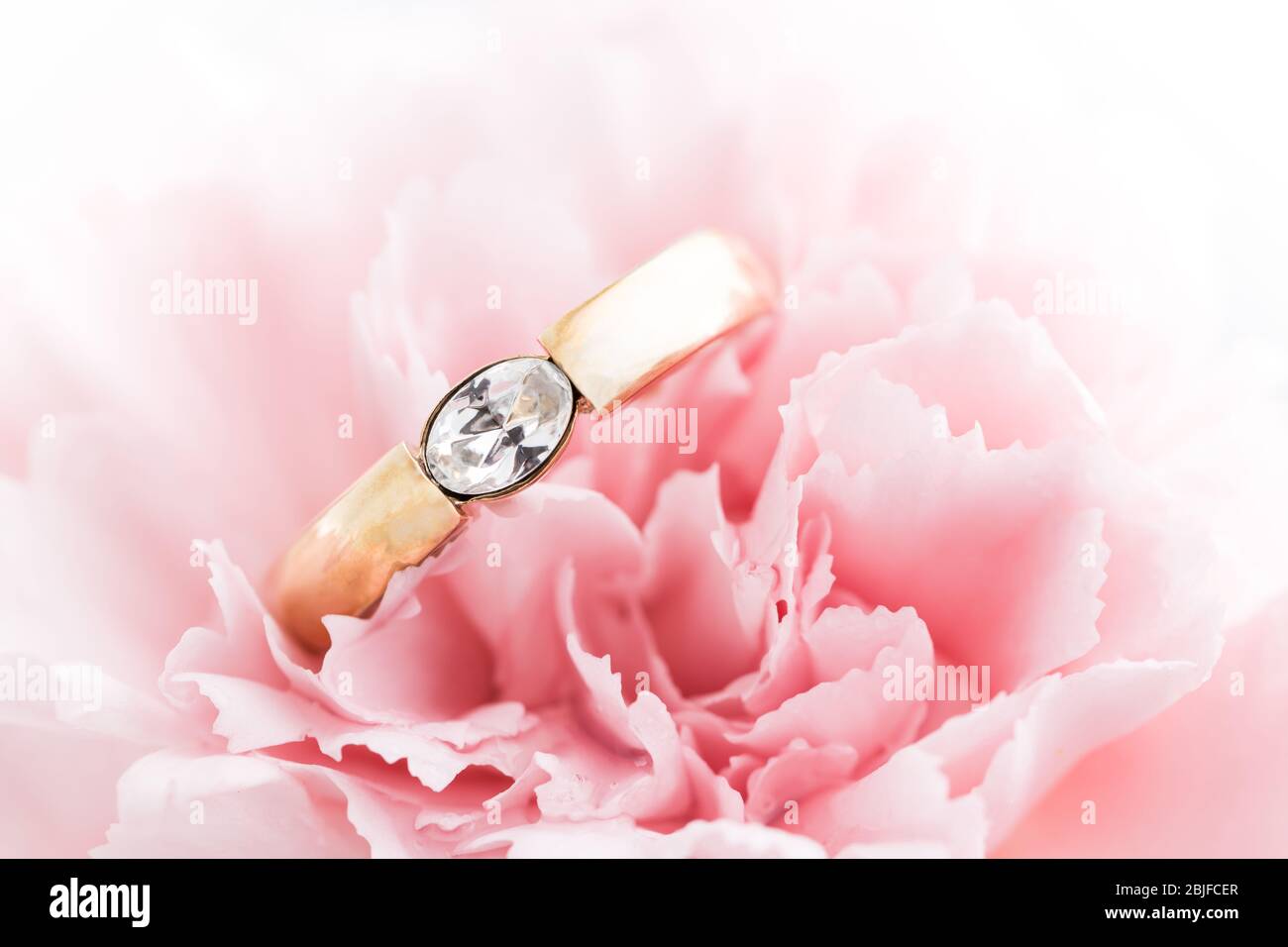 Hochzeit oder Verlobungsring in einer Blume. Symbol der Liebe. Weichstellung. Stockfoto