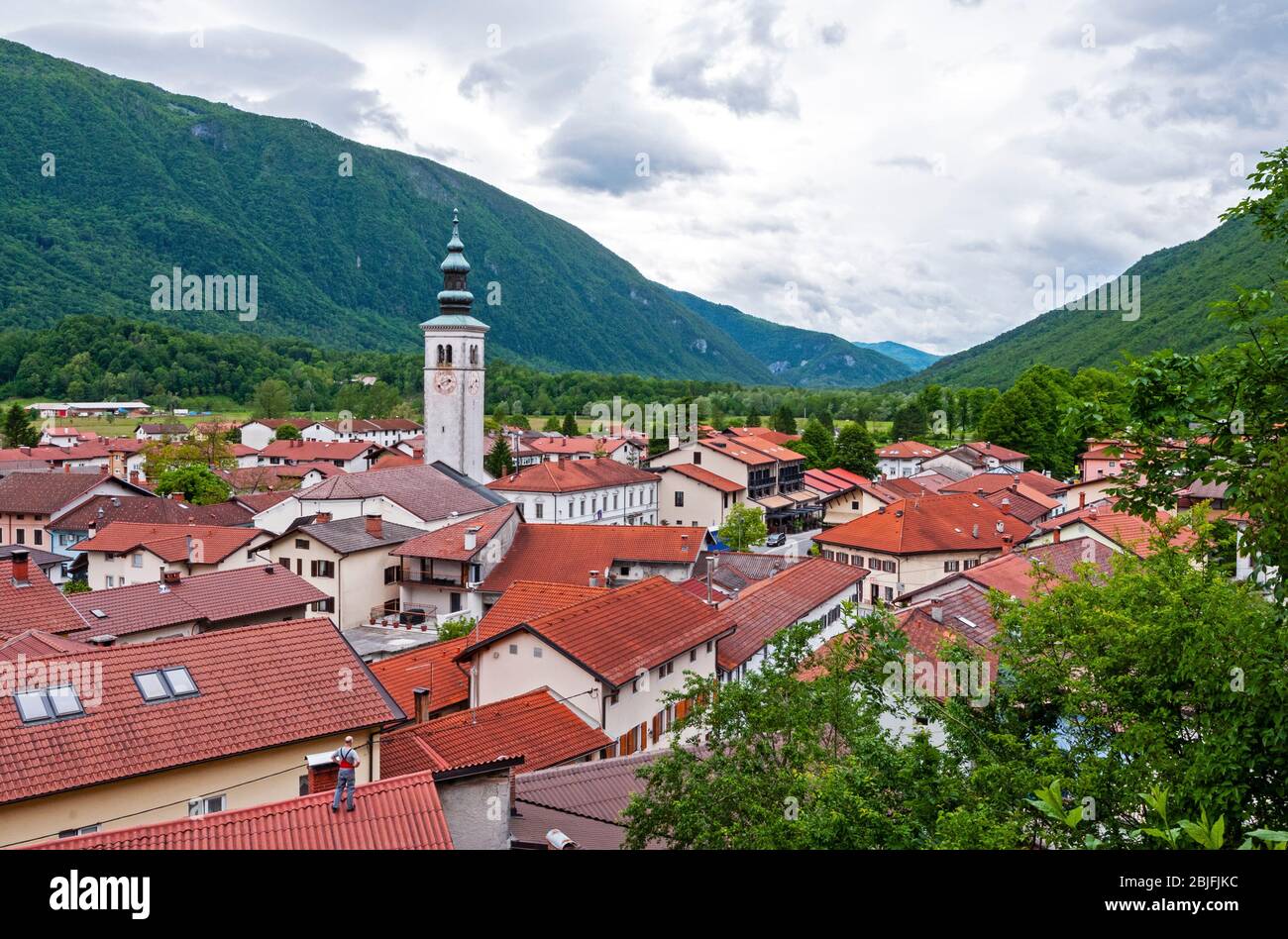 Blick auf Kobarid, Tal des Flusses Soca, Slowenien Stockfoto