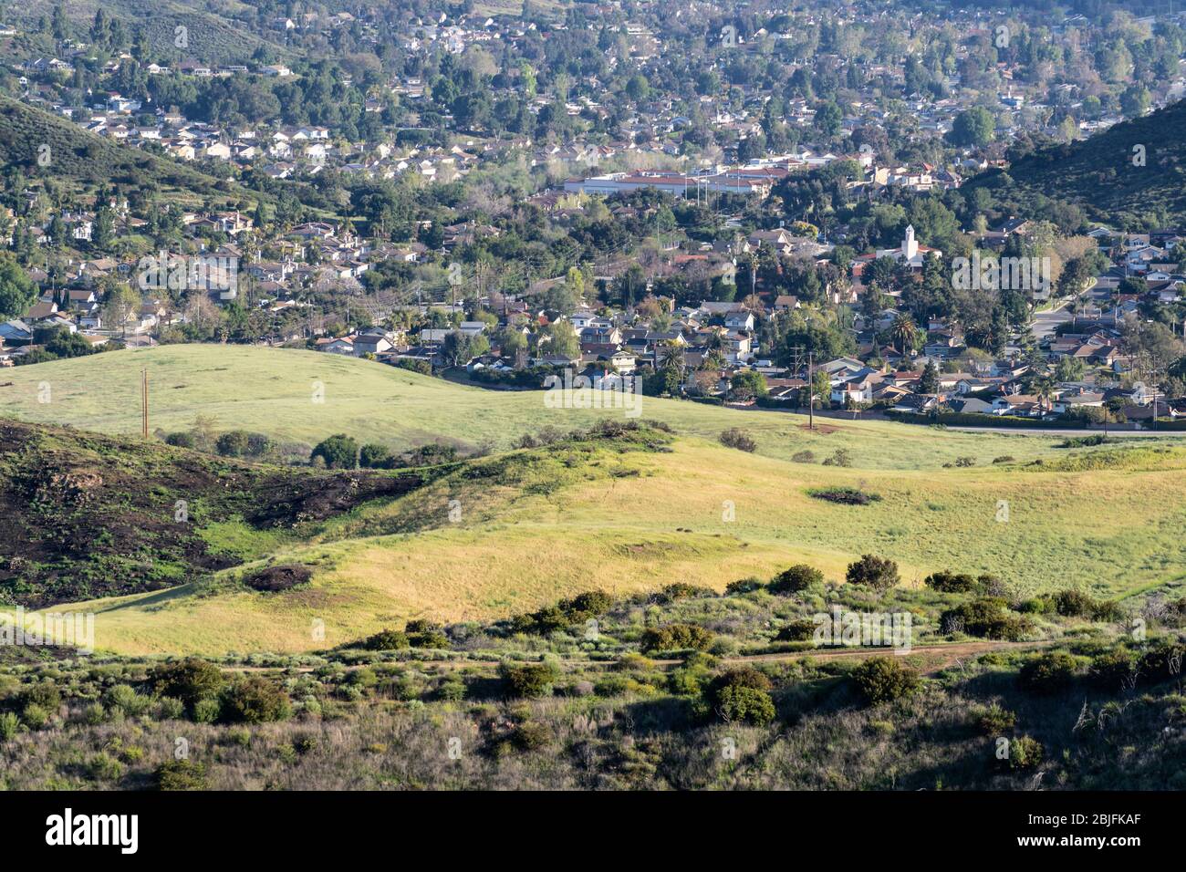 Vorstadtwiese mit Häusern im Hintergrund in Santa Monica Mountains National Recreation Area in Newbury Park, Kalifornien. Stockfoto