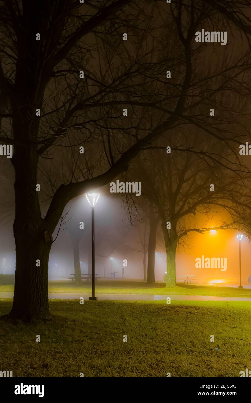 Blue Earth Rastgebiet in östlicher Richtung entlang der Interstate 90 an einer nebligen und gruseligen Dezembernacht in Minnesota, USA Stockfoto