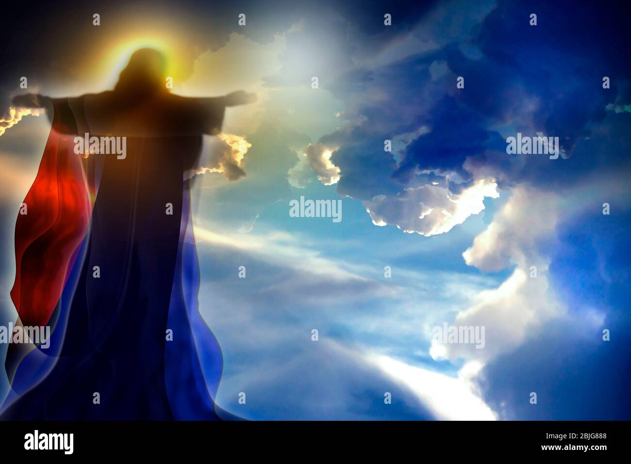 Jesus Christus auf dem blauen Himmel Hintergrund. Auferstehung Jesu. Stockfoto