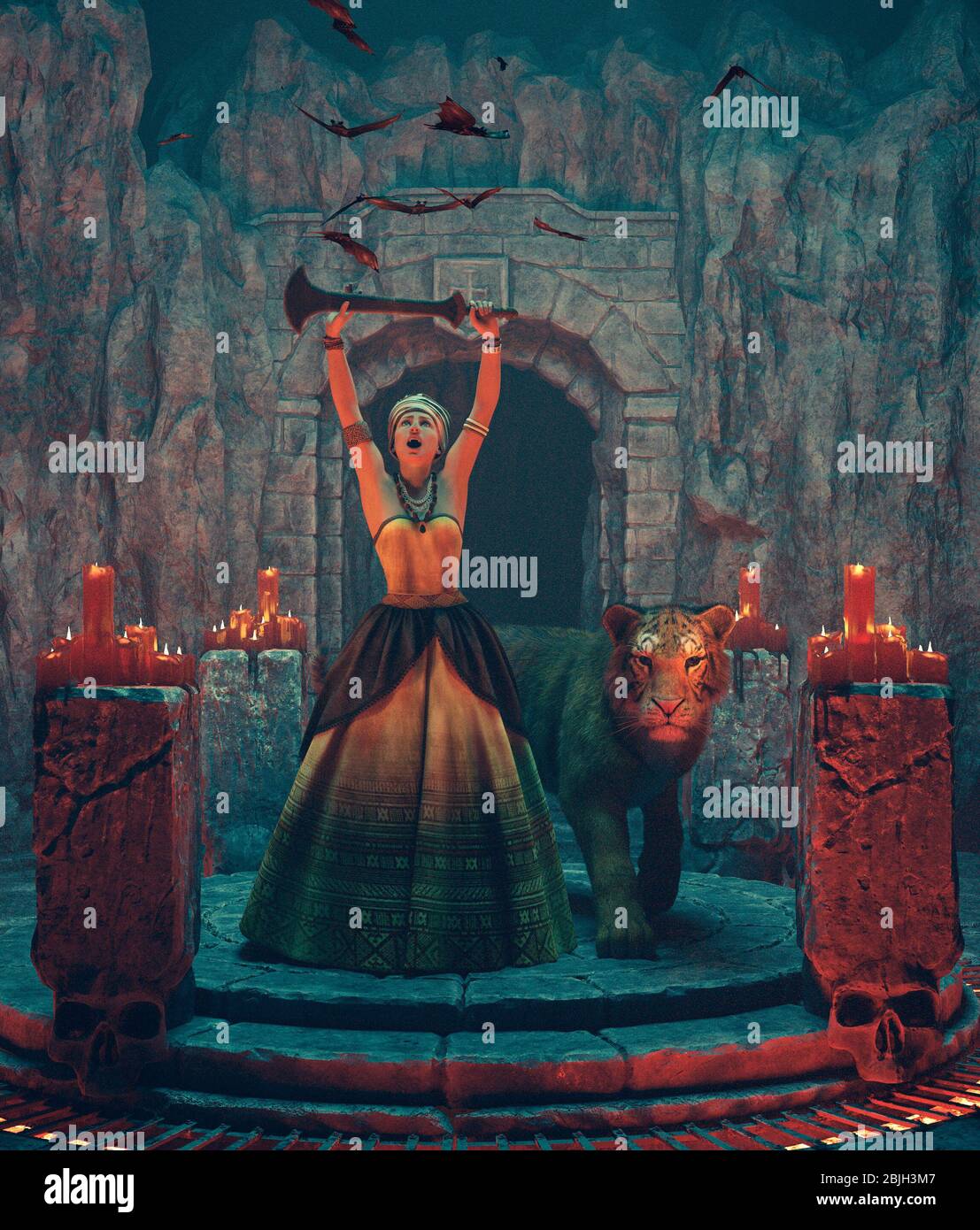 Voodoo Königin mit Tiger, 3d-Illustration für Buchcover-Ideen Stockfoto