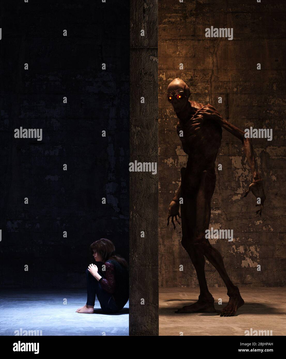 Mädchen versteckt vor Bogeyman, 3d-Rendering Stockfoto